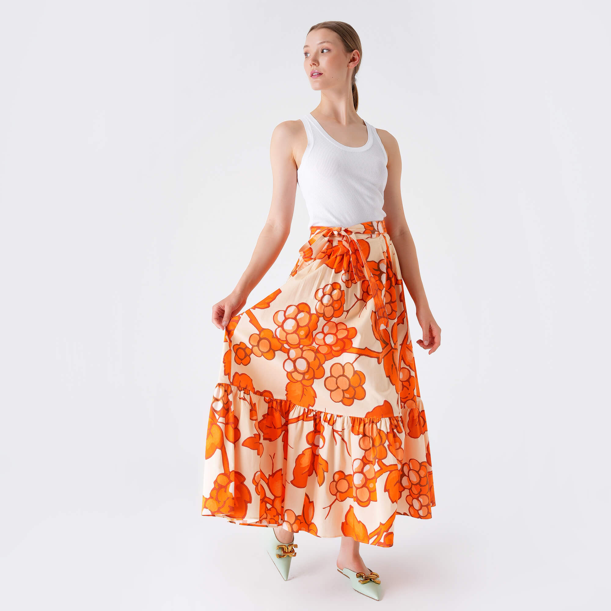 Etro - Orange&Beige Flower Cotton Midi Skirt